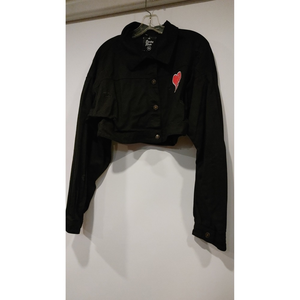 Bleeding Hearts Cropped Denim Jacket Wmn. Large Black New Distressed Heart Patch